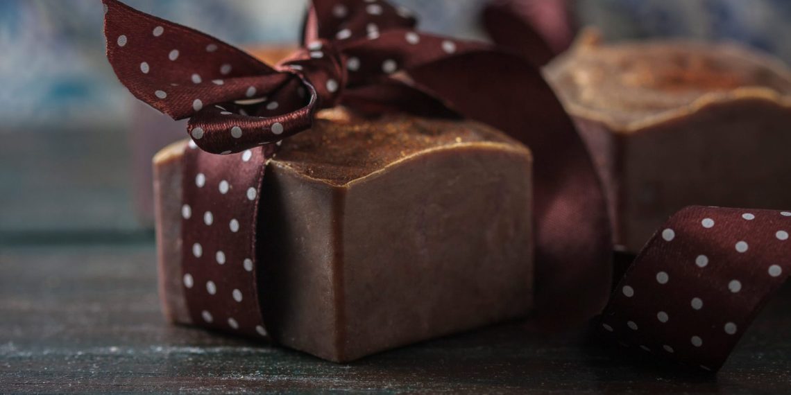 Closeup of organic handmade soap with natural chocolate.